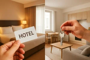 An image showing two options for accommodation: a hotel room with a key card and a private apartment, symbolizing the choice between two types of travel stays