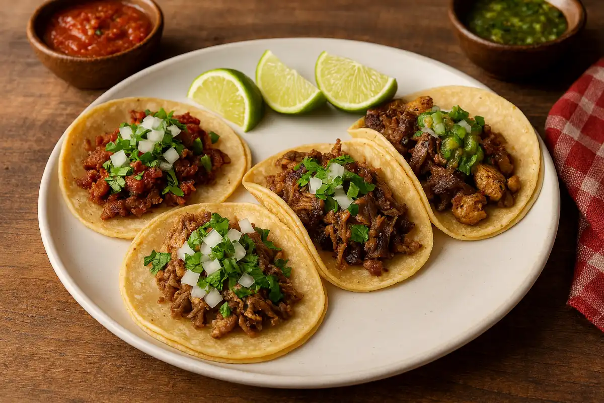 A photo of a variety of authentic Mexican tacos on a plate.