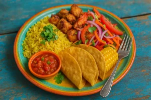 A vibrant, colorful plate of street food, symbolizing the delicious and affordable meals available to budget travelers.