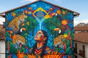 A vibrant, large-scale mural on a building in Bogotá's La Candelaria district