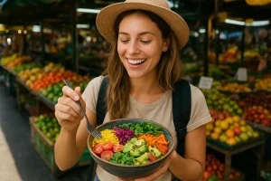 A person enjoying a vibrant, colorful bowl of vegan food at a local market, symbolizing the joy of affordable and authentic plant-based travel
