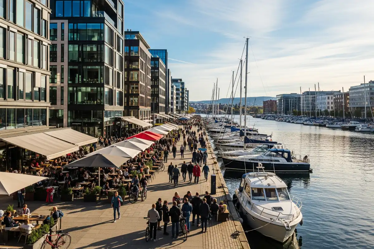 A photo of the Aker Brygge wharf area in Oslo with boats and restaurants.