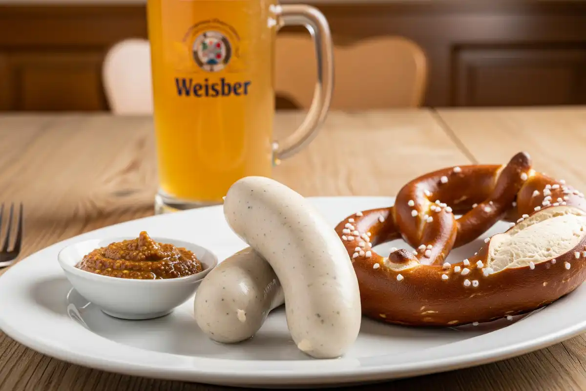 A photo of Bavarian Weisswurst with sweet mustard and a pretzel.