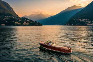 A beautiful view of Lake Como with a boat on the water and mountains in the background.
