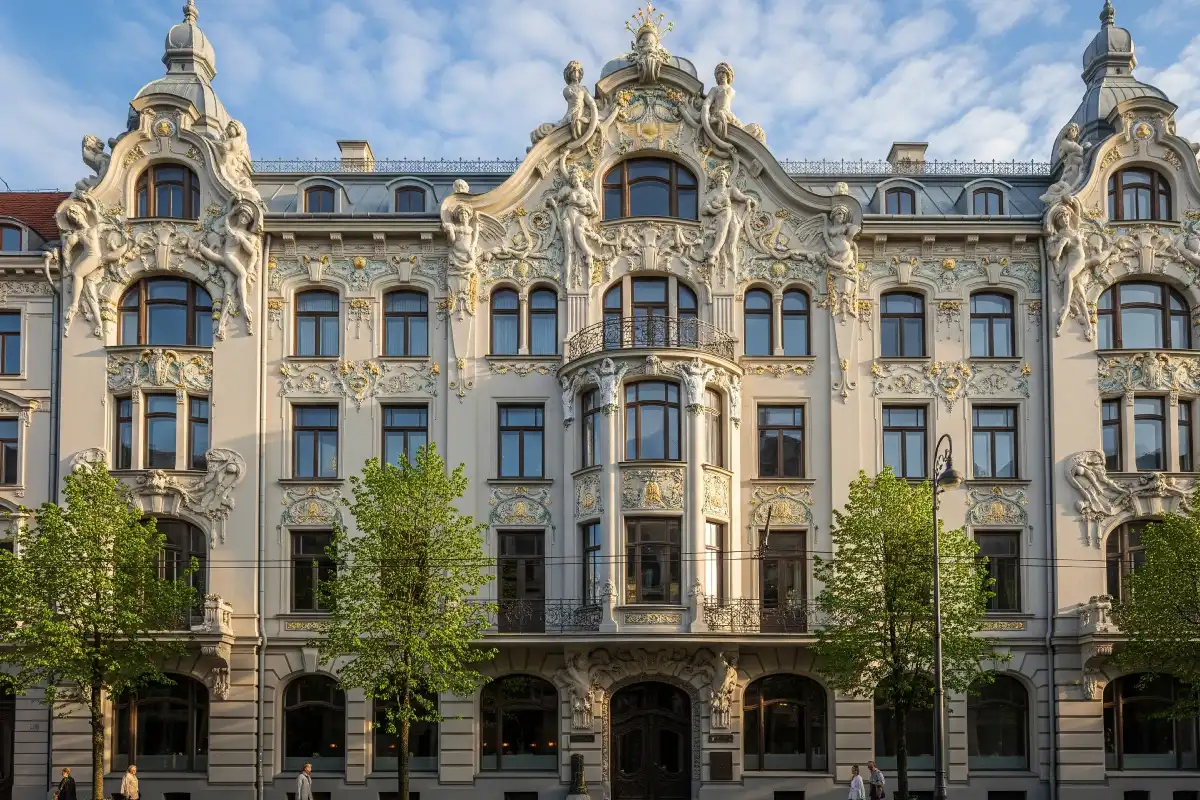 A photo of a beautifully decorated Art Nouveau building in Riga.