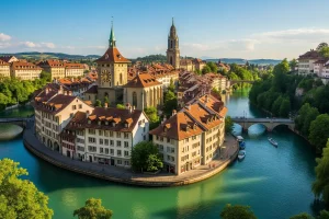 A photo of Bern's Old Town surrounded by the beautiful Aare River.