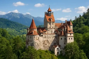 A photo of Bran Castle, also known as Dracula's Castle, nestled in the Carpathian Mountains.