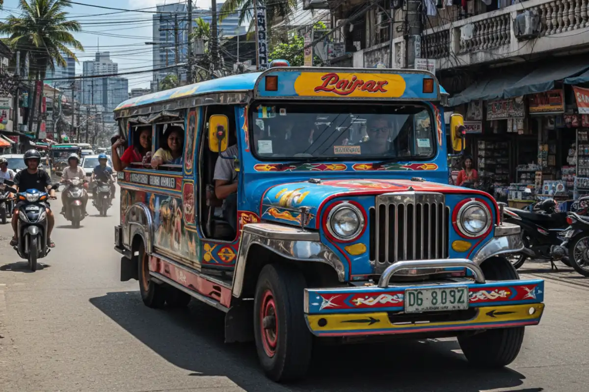 A brightly colored Filipino Jeepney driving down a Manila street.
