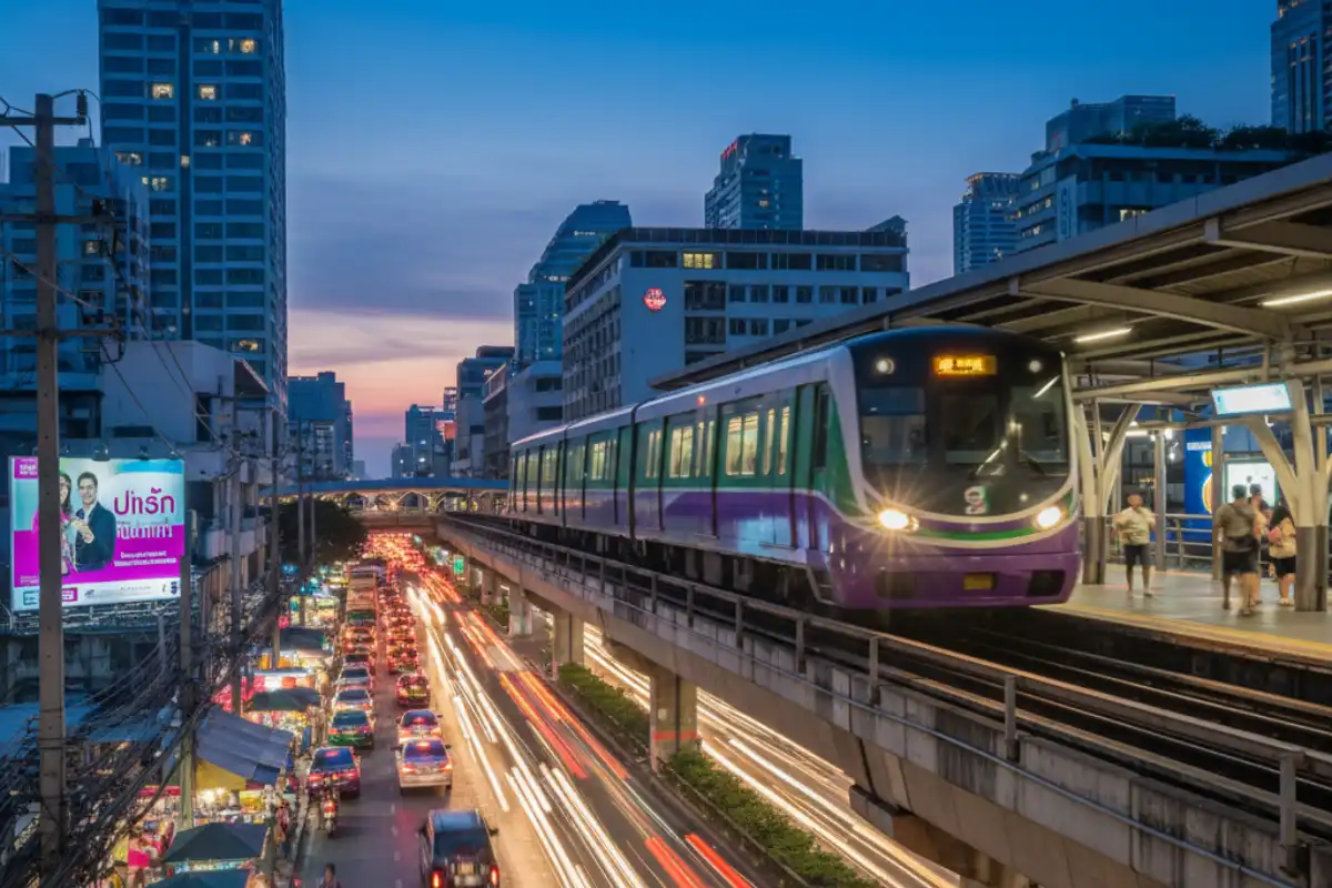 A BTS Skytrain arriving at a station above a busy Bangkok street.