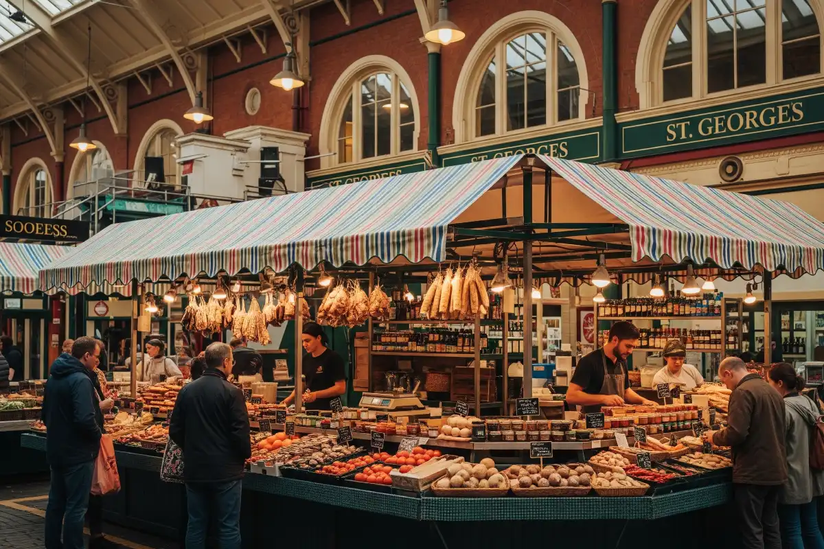 A photo of a bustling food stall at St George's Market in Belfast.