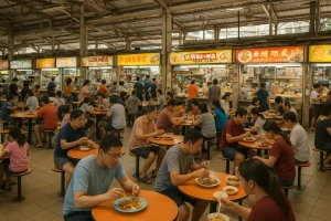 A bustling scene inside a Singapore hawker center with various food stalls and tables.