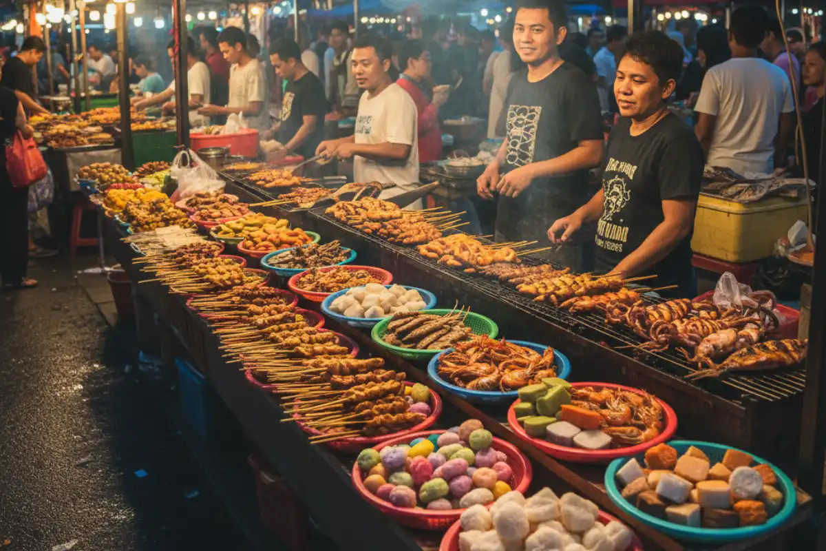 A busy food stall with various grilled meats and traditional snacks at the Gadong Night Market.