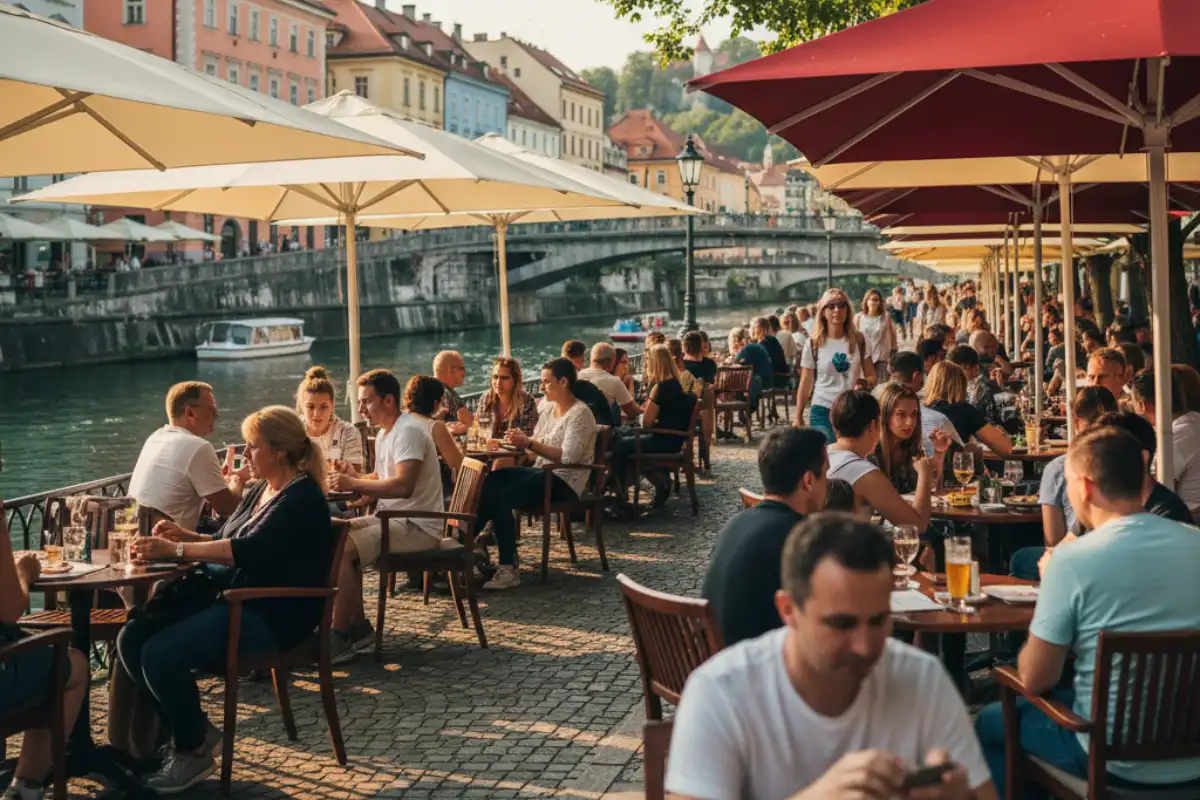 A photo of cafes and people sitting along the Ljubljanica River in Ljubljana.