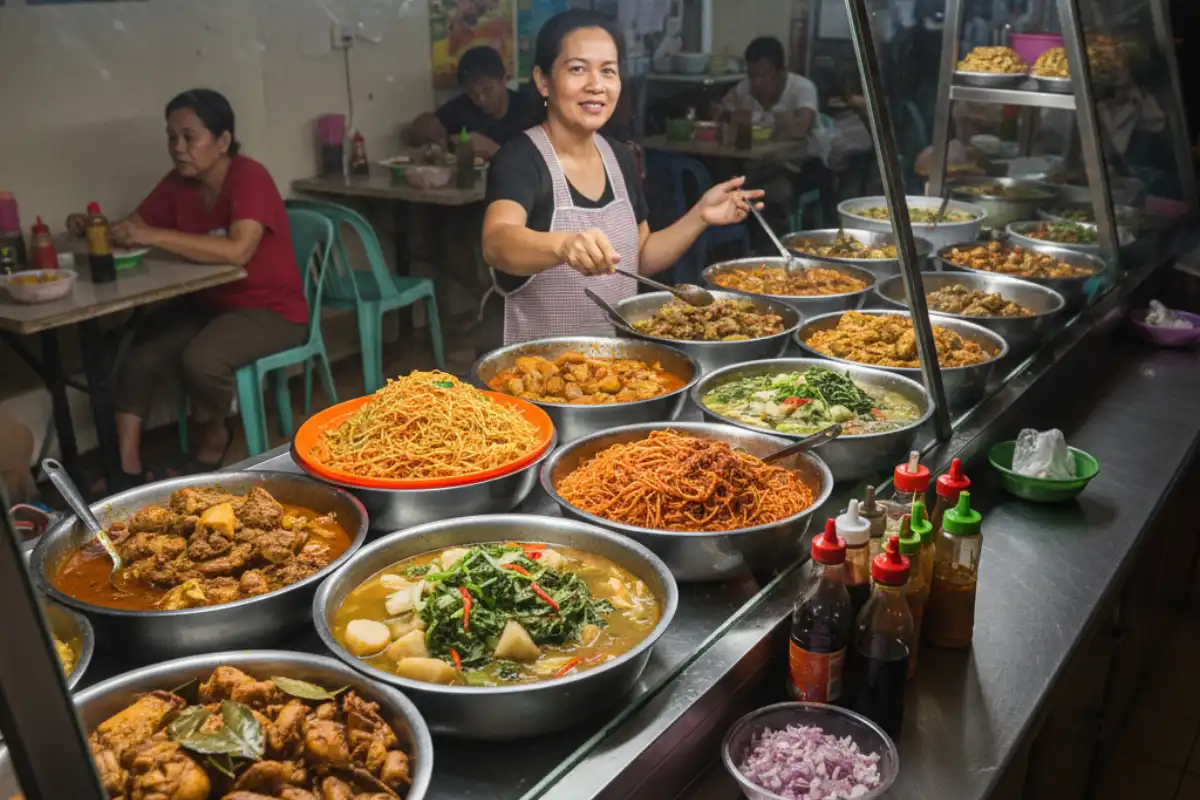 A typical carinderia (local eatery) counter displaying various Filipino dishes.