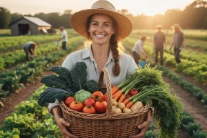 A smiling traveler carrying a basket of fresh produce, having just finished a farm volunteer shift.