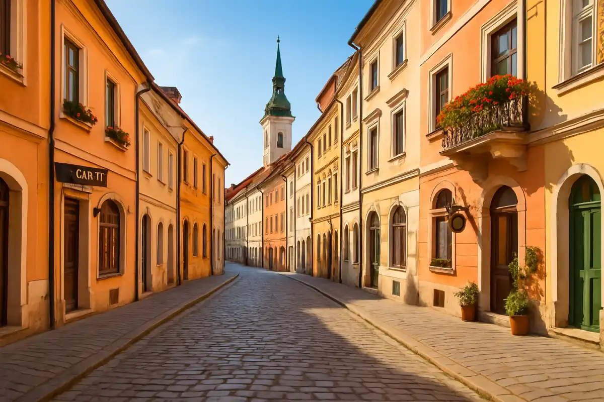 A photo of the charming cobblestone streets and colorful buildings in Bratislava's Old Town.