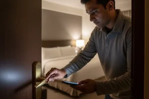 A person checking the lock on their hotel room door, ensuring it is secure and well-lit.