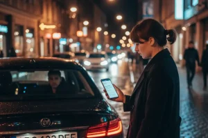 A person checking their phone and a car's license plate before getting into a ride-sharing vehicle at night.
