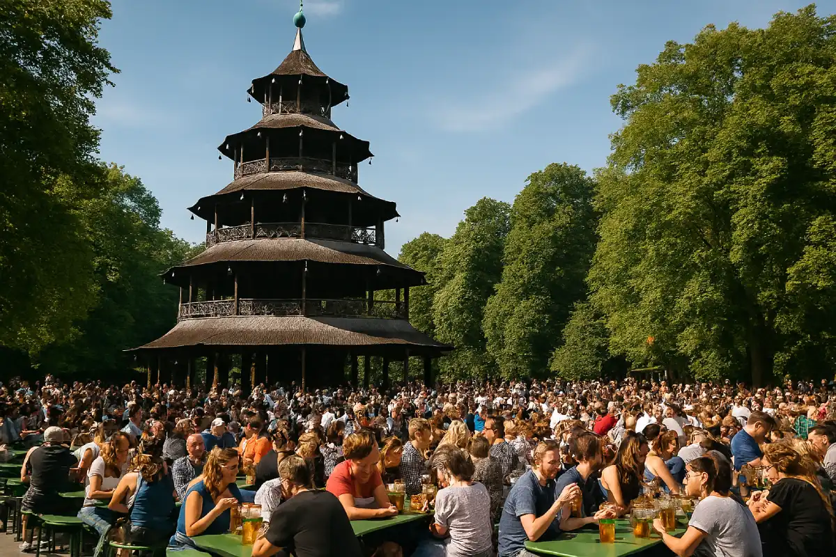 A photo of the Chinese Tower and a crowd of people at a beer garden in the English Garden.