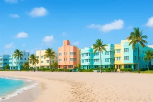 A photo of the colorful Art Deco buildings and beach in South Beach, Miami.