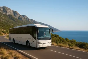 A comfortable bus driving on a scenic road, symbolizing a journey that is both affordable and enjoyable