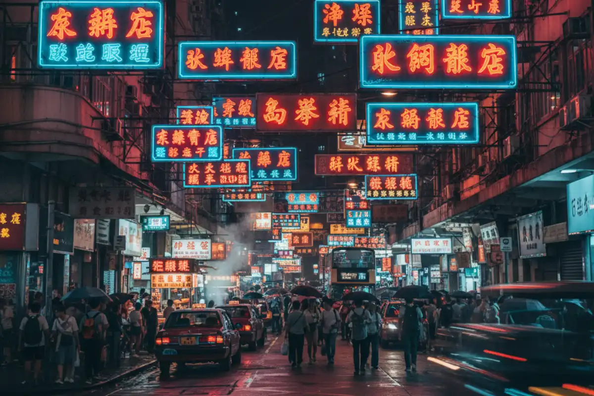 A photo of dense neon signs hanging over a street in Kowloon, Hong Kong.