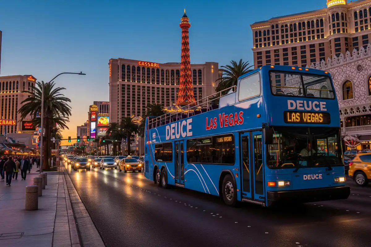 A photo of the Deuce double-decker bus on the Las Vegas Strip.