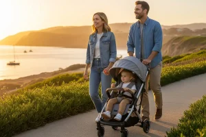 A family walking with a child in a lightweight travel stroller, symbolizing safe and convenient family travel