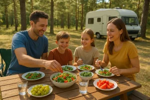 A family enjoying a meal together during a road trip, with a focus on fresh, healthy options.