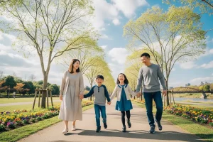 A family walking together, holding hands, in a safe and happy environment, symbolizing a secure and enjoyable family trip