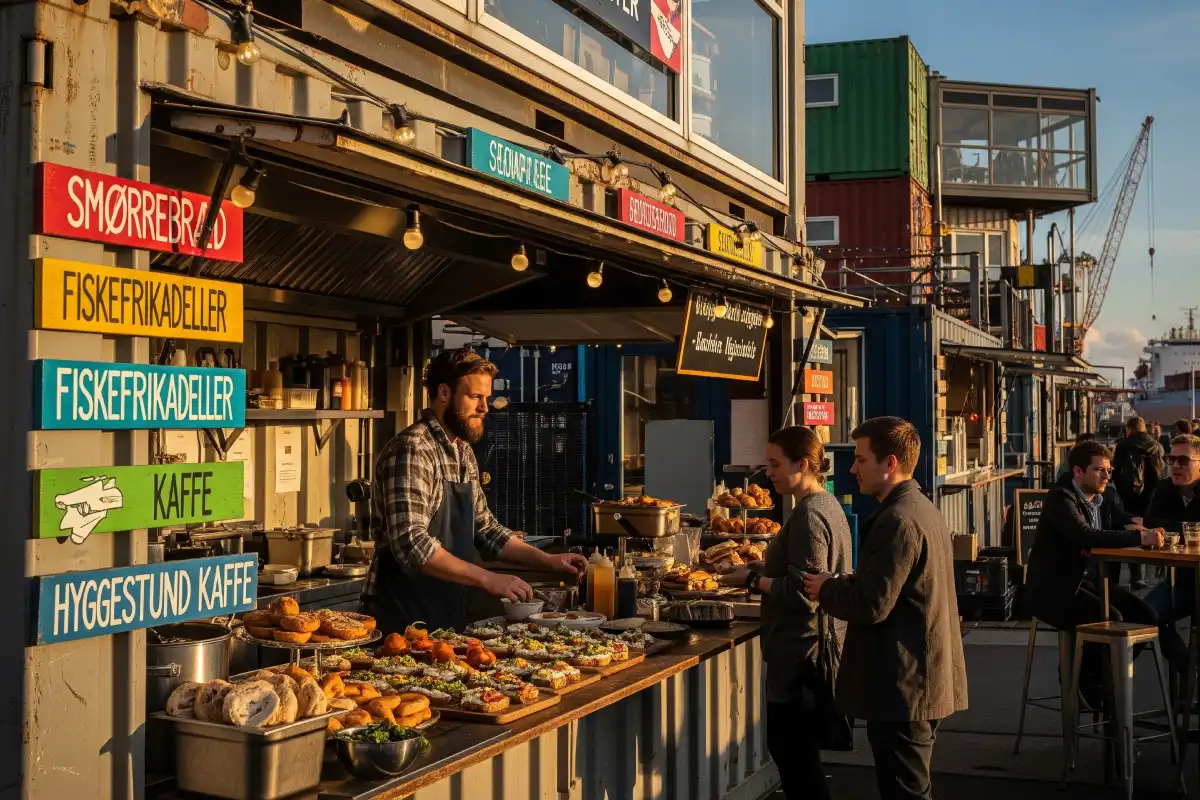 A photo of a food stall at Reffen food market in Copenhagen.