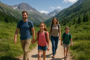 A group enjoying a relaxed hike on a well-maintained, clear trail surrounded by scenic mountains.