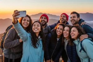A group of friends laughing and taking a photo together, successful and enjoyable group trip.