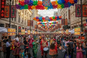 A group of people celebrating a festival in a city street, with colorful decorations and a lively atmosphere.