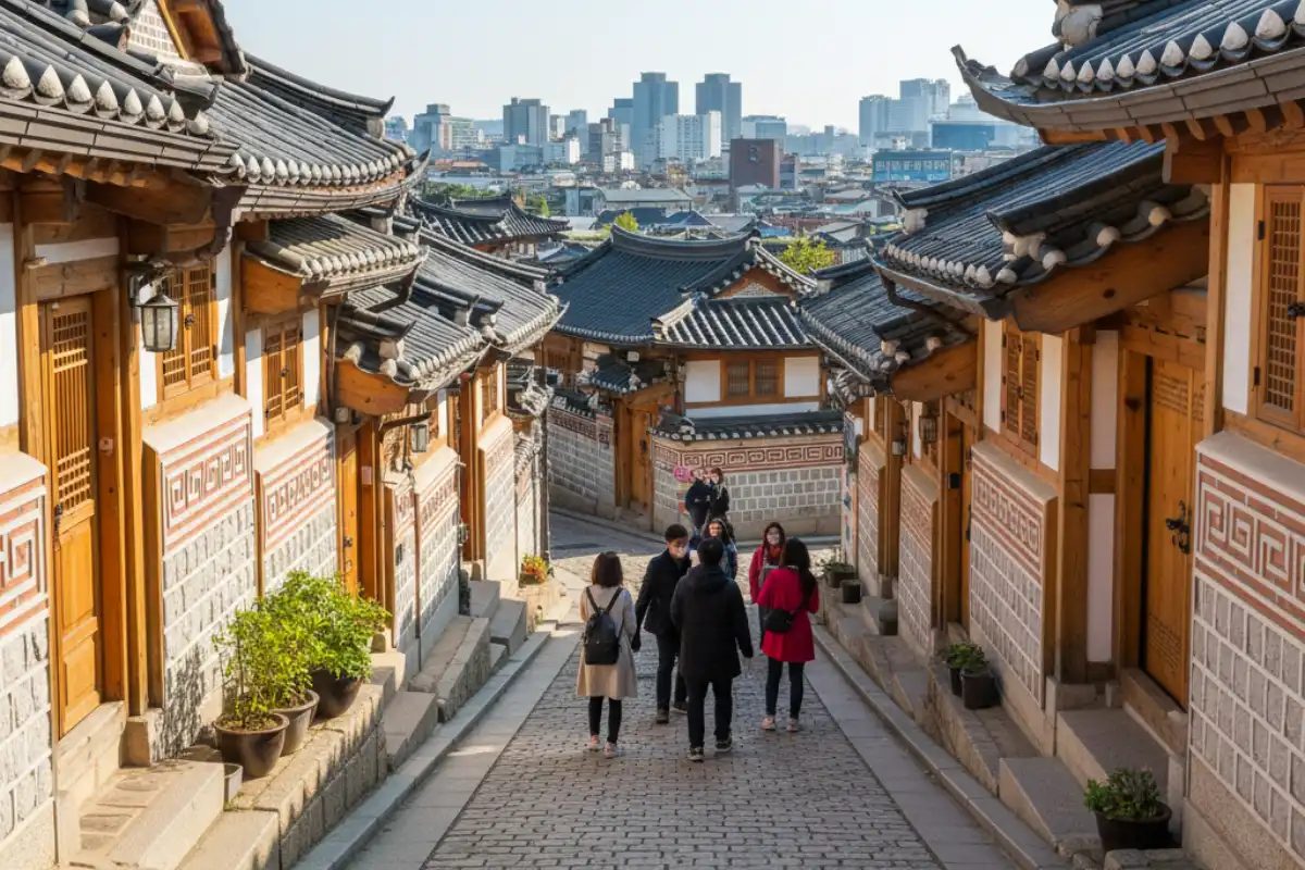 Traditional Hanok houses in Bukchon Hanok Village, Seoul.