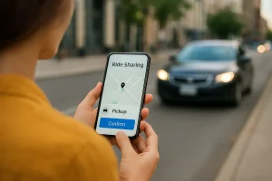 A person on a phone using a ride-sharing app, with a car approaching, symbolizing a convenient and safe ride