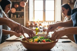 Hands mixing ingredients in a bowl in a bright, authentic-looking kitchen during a hands-on cooking class.