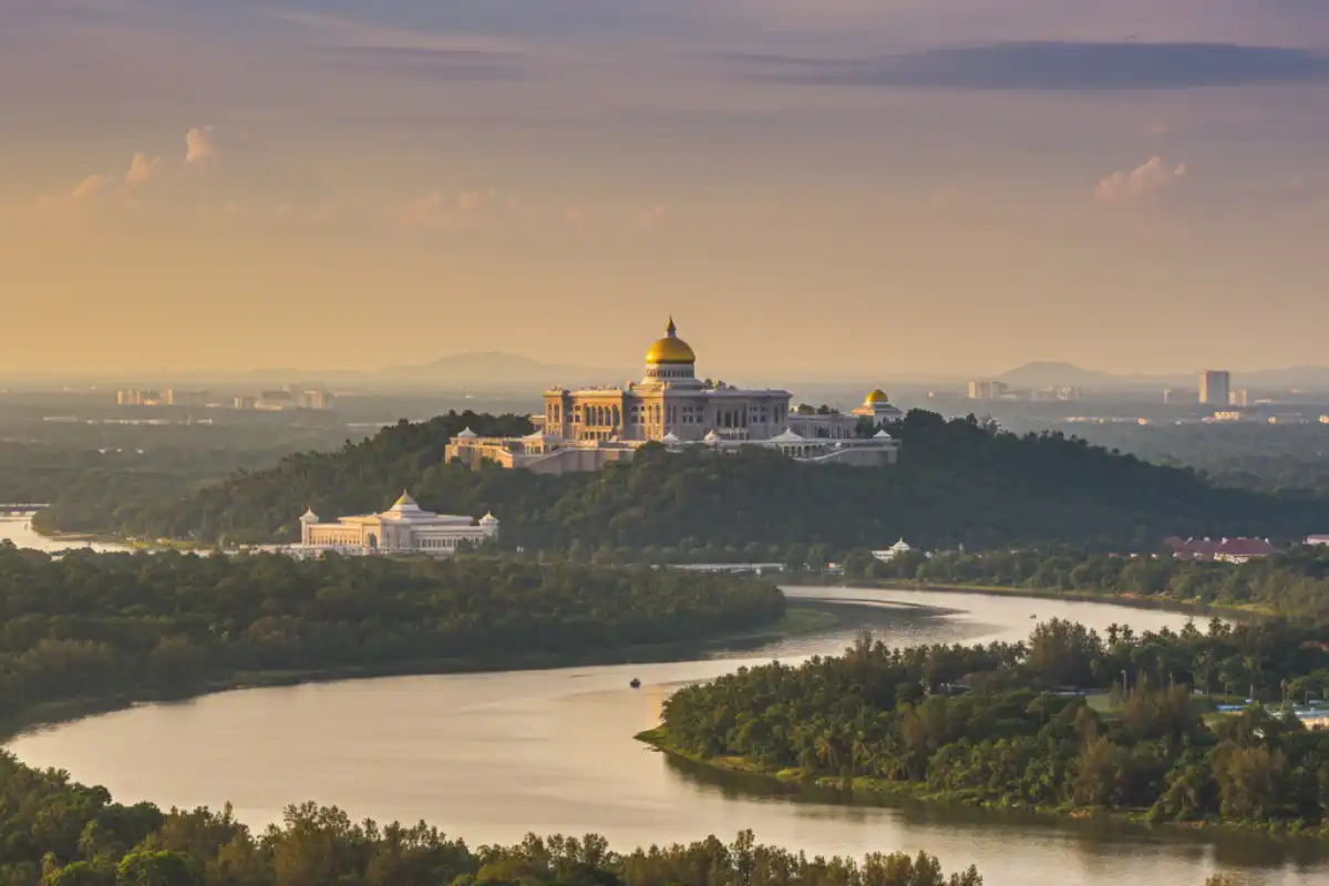 The Istana Nurul Iman, the official residence of the Sultan of Brunei, viewed from a distance.