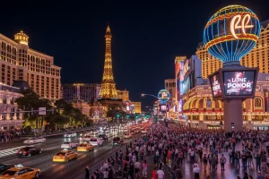 A photo of the Las Vegas Strip at night with bright lights and a busy crowd.