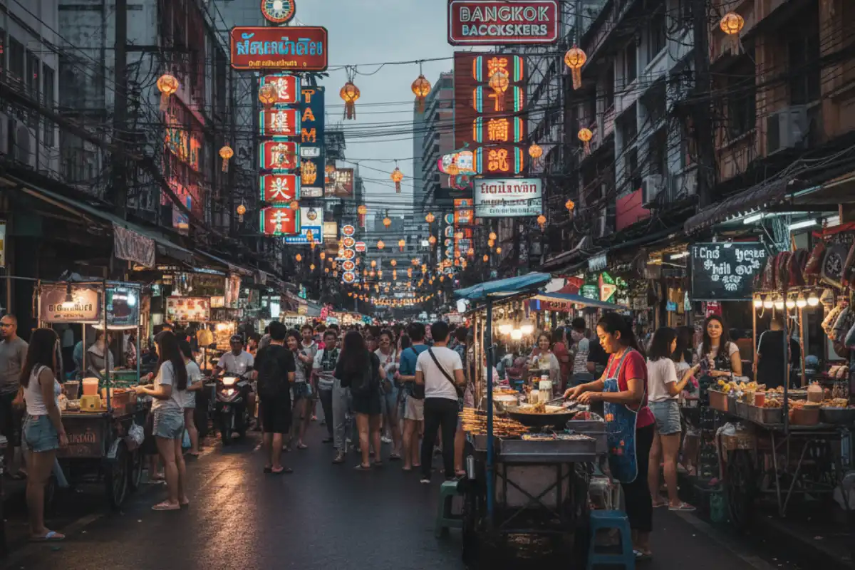 A lively evening scene on Khao San Road with neon signs and street vendors.