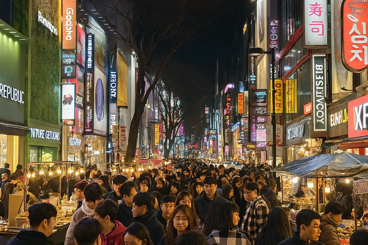 A lively street scene in Myeongdong, Seoul, at night.