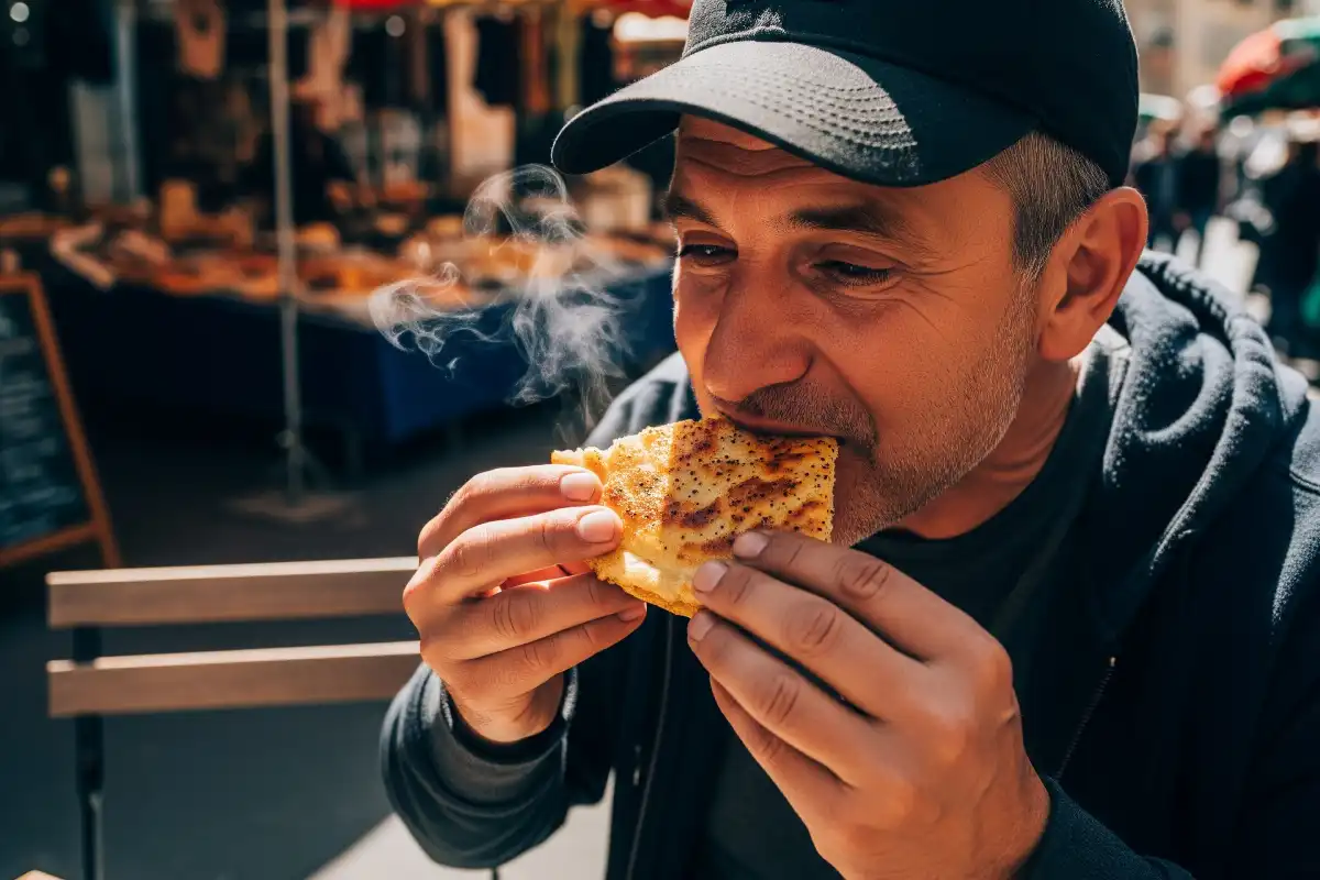 A photo of a local person eating Socca, a street food in Cannes.
