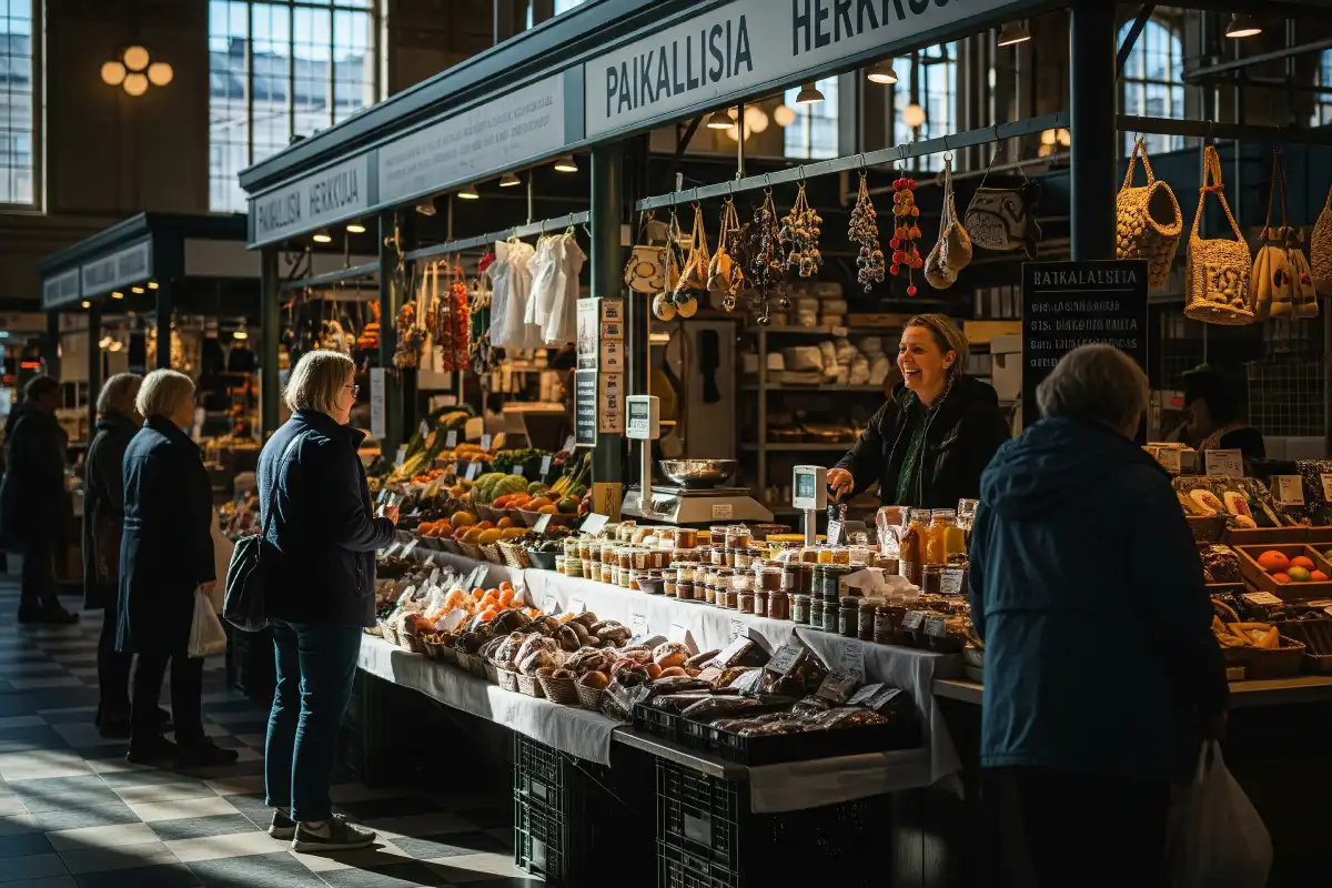 A photo of a local vendor's stall inside a Helsinki market hall.