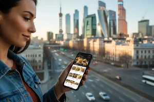 A beautiful woman looking at a food delivery app on their phone with a city skyline in the background, symbolizing convenience and smart travel