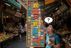 A person looking at a sign with foreign characters, symbolizing the importance of understanding local laws and customs