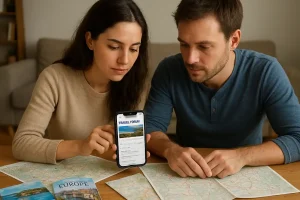 Pair are looking at a travel forum on their phone, surrounded by maps and travel guides, the use of online communities for trip planning.