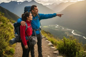 Man and woman are standing on a scenic trail in South America with backpacks and bags, looking out at a stunning landscape, symbolizing adventure and safety