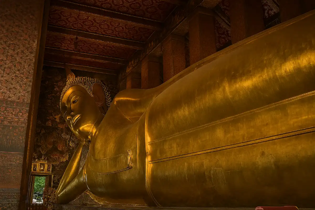 The massive Reclining Buddha statue inside Wat Pho, Bangkok.