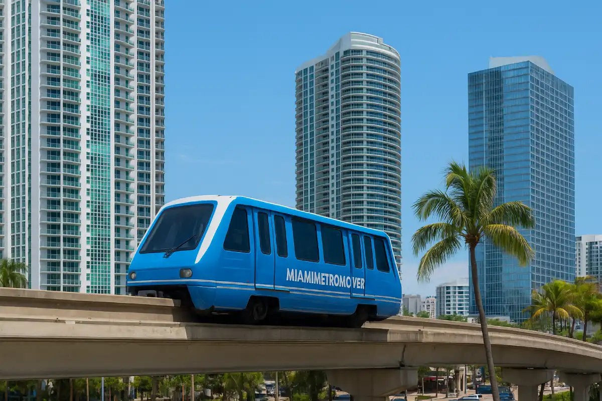 A photo of a Miami Metromover train passing by high-rise buildings.