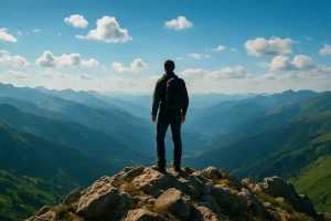 A person standing on a mountain peak, looking out at a stunning landscape, symbolizing peace and a sense of calm.